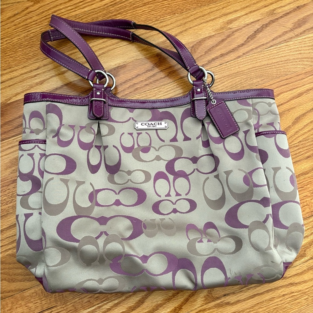 Vintage Coach Purple Signature Tote with Leather Trim